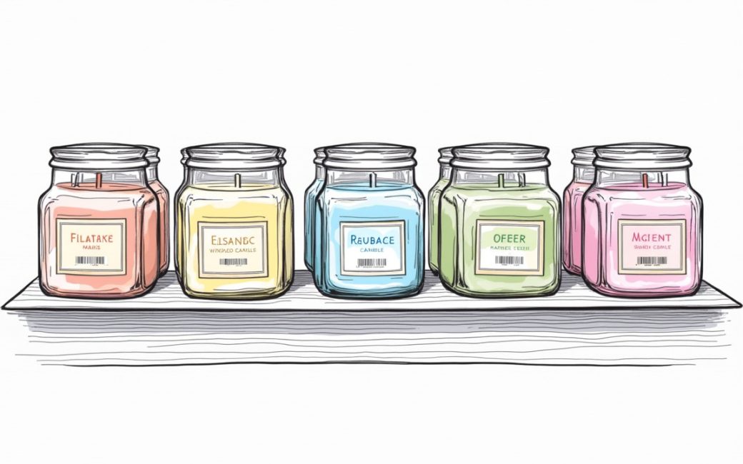 Shelves of colorful scented candles in a retail store display