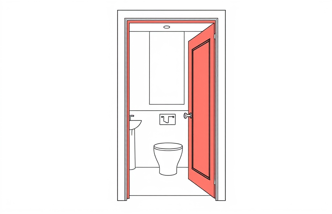 A solid panel door closed in a bathroom doorway, showing the dense construction.