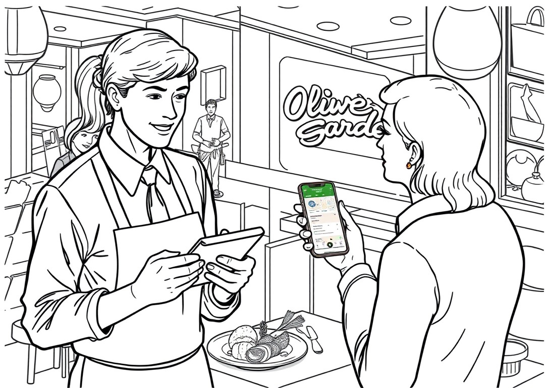 Staff member helping customer locate nearest Olive Garden on phone