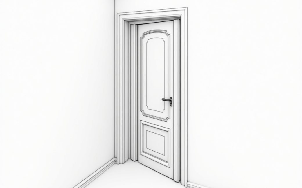 A solid wood bedroom door with flat panel design installed in a doorway