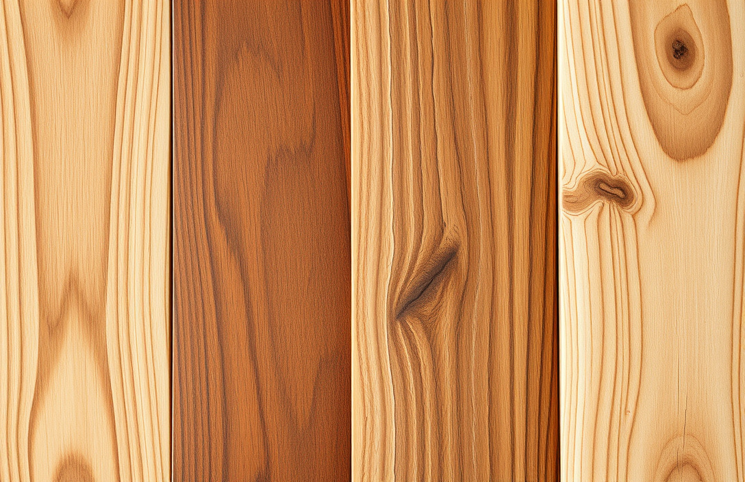 Four wood species samples displaying different grain patterns and tones