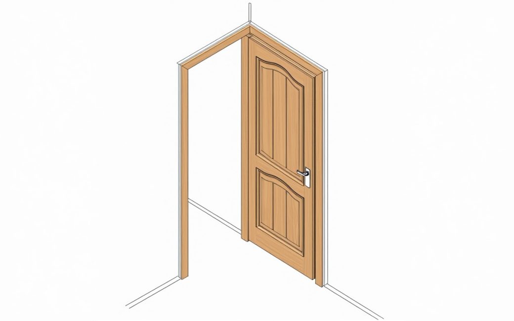 A wooden front door with visible grain installed in a home entryway