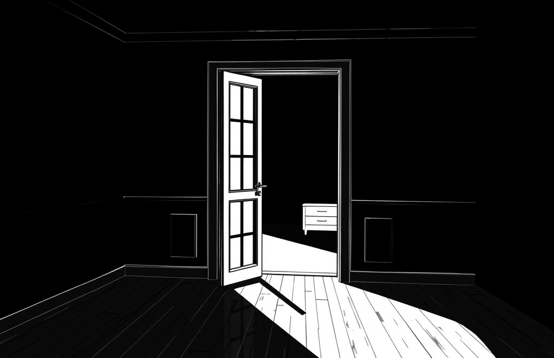 Glass-lite door in doorway opening light into a dim interior room