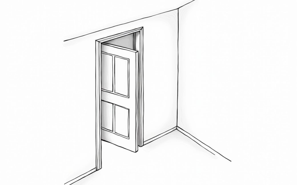 Solid wood bedroom door closed in doorway, blocking view into the room